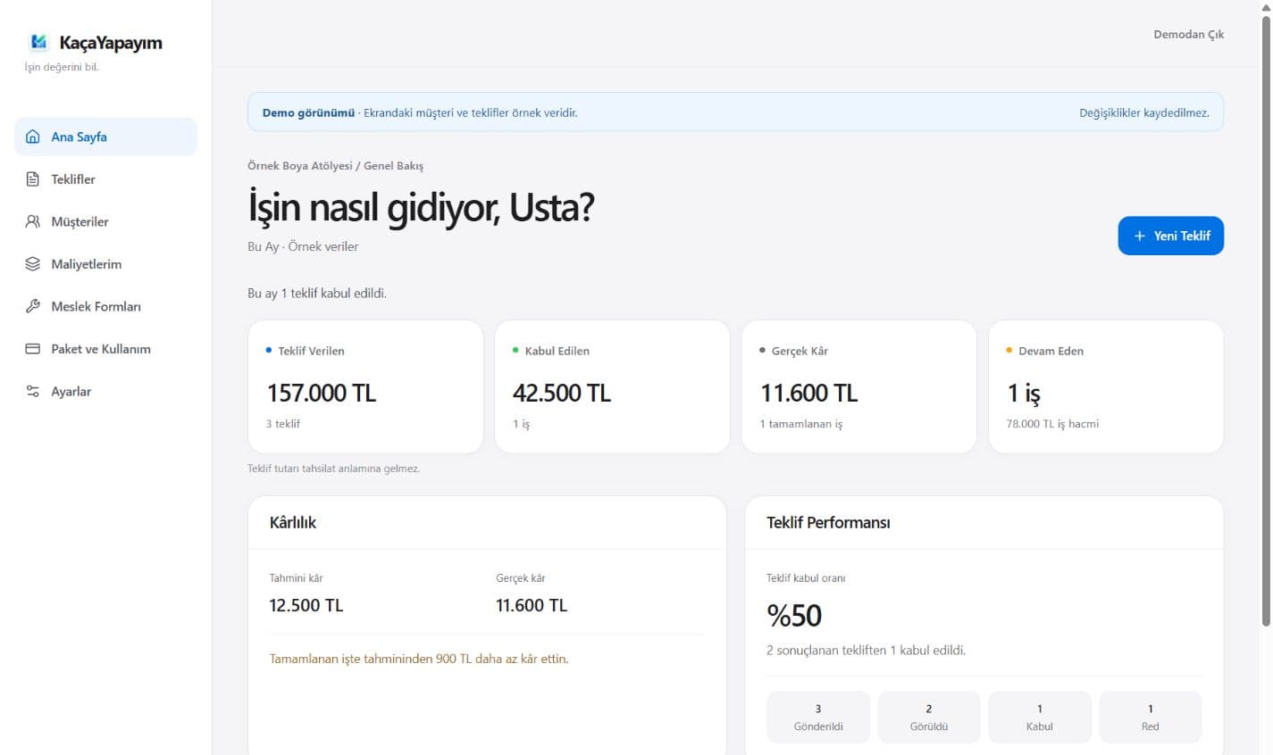 KaçaYapayım demo dashboard: teklifler, devam eden işler ve gerçek kâr özeti