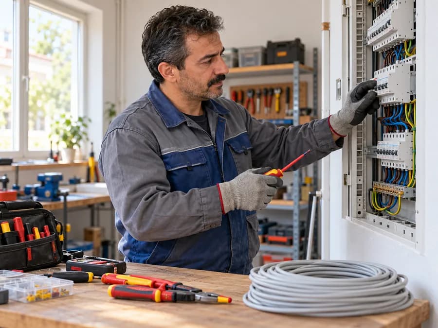 Atölyede elektrik panosunu kontrol eden elektrikçi; temsili görsel