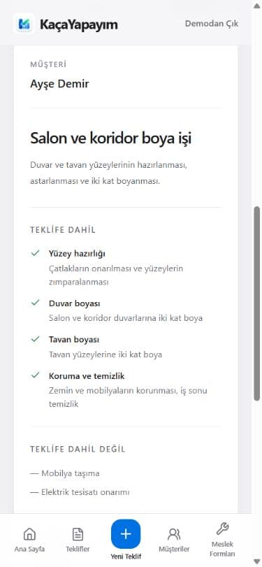 Telefon ekranında salon ve koridor boyama teklifinin mobil web önizlemesi
