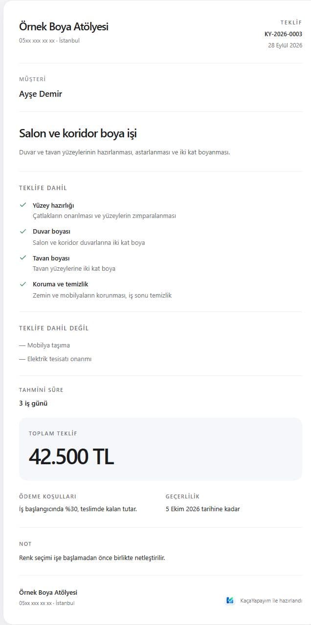 Gerçek demo teklifinden alınan önizleme: iş kapsamı, 42.500 TL örnek fiyat ve ödeme koşulları